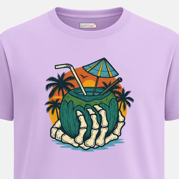 _Regular_Unisex_Lavender_Graphics_T-Shirt,_Skeleton_hand_holding_coconut_drink_with_umbrella_palm_sunset_background_|_TRAVEL_MODE