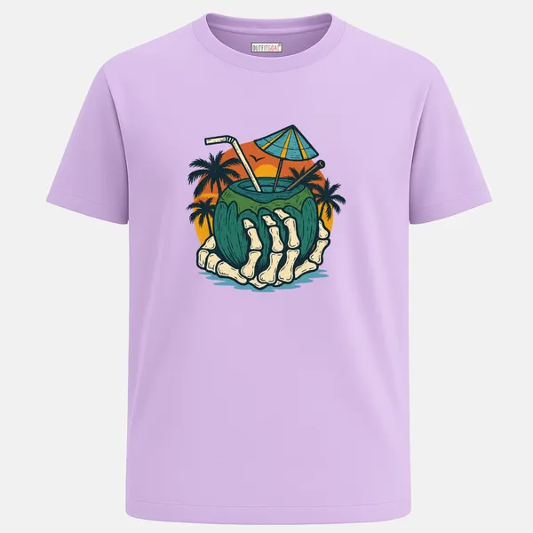 _Regular_Unisex_Lavender_Graphics_T-Shirt,_Skeleton_hand_holding_coconut_drink_with_umbrella_palm_sunset_background_|_TRAVEL_MODE