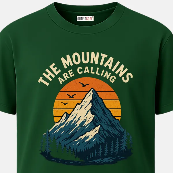 _Regular_Unisex_Bottle_Green_Graphics_T-Shirt,_Bold_mountain_sunset_birds_flying_the_mountains_are_calling_text_|_TRAVEL_MODE