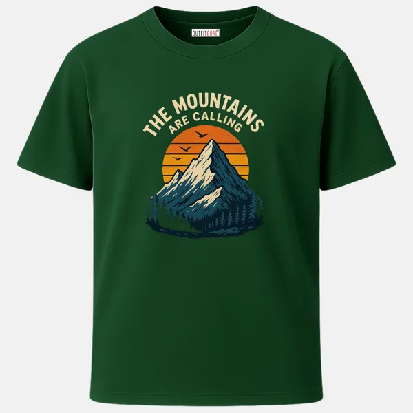 _Regular_Unisex_Bottle_Green_Graphics_T-Shirt,_Bold_mountain_sunset_birds_flying_the_mountains_are_calling_text_|_TRAVEL_MODE