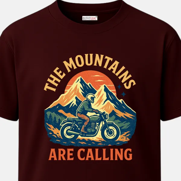 _Regular_Unisex_Maroon_Graphics_T-Shirt,_Motorcyclist_riding_in_front_of_mountains_the_mountains_are_calling_text_|_TRAVEL_MODE