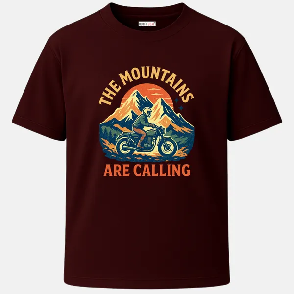 _Regular_Unisex_Maroon_Graphics_T-Shirt,_Motorcyclist_riding_in_front_of_mountains_the_mountains_are_calling_text_|_TRAVEL_MODE