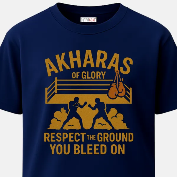 _Regular_Unisex_Navy_Graphics_T-Shirt,_Two_fighters_in_the_ring_with_text_respect_the_ground_you_bleed_on_|_SPORTS_MODE