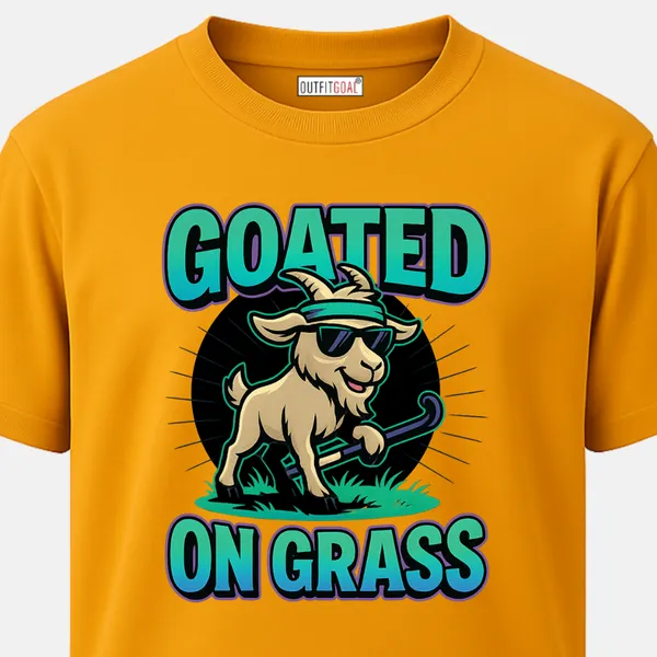 _Regular_Unisex_Yellow_Graphics_T-Shirt,_Cartoon_goat_wearing_shades_and_headband_holding_a_hockey_stick_text_goated_on_grass_|_SPORTS_MODE