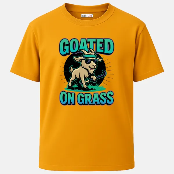_Regular_Unisex_Yellow_Graphics_T-Shirt,_Cartoon_goat_wearing_shades_and_headband_holding_a_hockey_stick_text_goated_on_grass_|_SPORTS_MODE