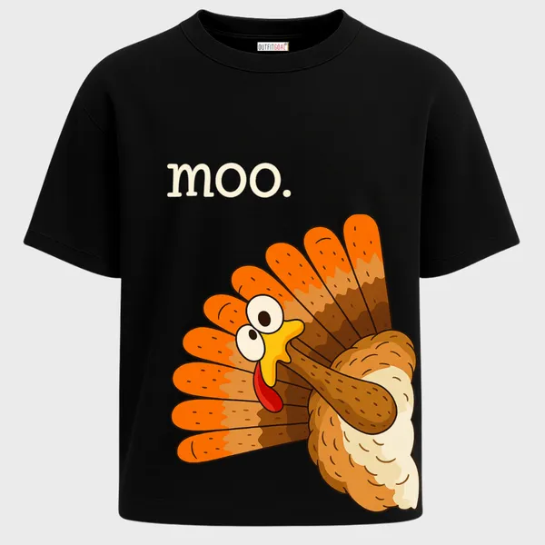 _Oversize_Unisex_Black_Graphics_T-Shirt,_funny_cartoon_turkey_with_text_moo_playful_word_twist_quirky_humor_illustration_|_GRAPHICS_MODE