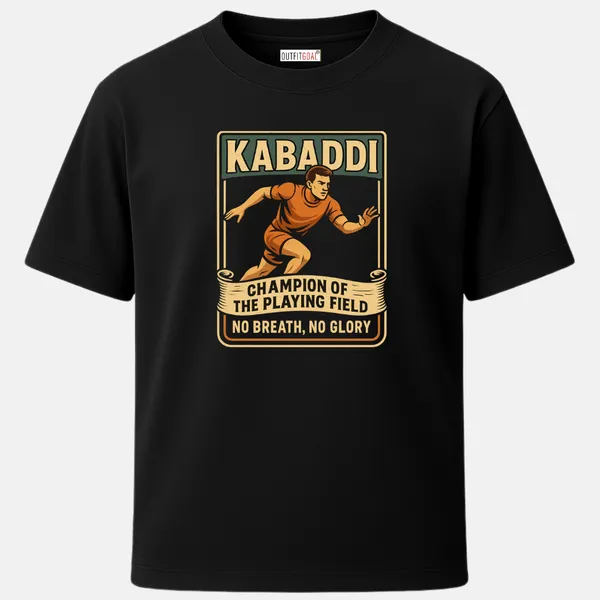 _Regular_Unisex_Black_Graphics_T-Shirt,_Kabaddi_player_sprinting_with_scroll_banner_champion_of_the_playing_field_no_breath_no_glory_|_SPORTS_MODE
