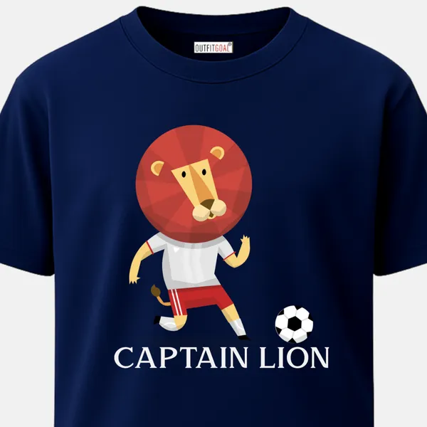 _Regular_Unisex_Navy_Graphics_T-Shirt,_Cartoon_lion_headed_player_in_football_gear_kicking_ball_|_SPORTS_MODE