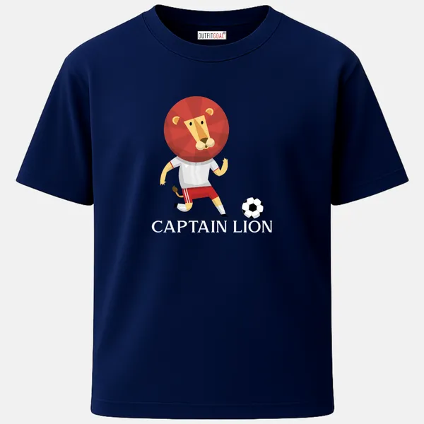 _Regular_Unisex_Navy_Graphics_T-Shirt,_Cartoon_lion_headed_player_in_football_gear_kicking_ball_|_SPORTS_MODE
