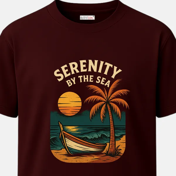 _Regular_Unisex_Maroon_Graphics_T-Shirt,_Sunset_palm_tree_boat_on_shore_text_serenity_by_the_sea_|_TRAVEL_MODE