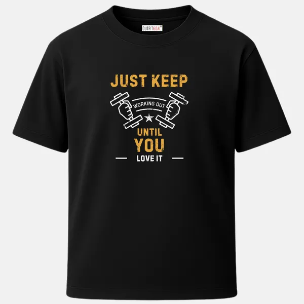 _Regular_Unisex_Black_Graphics_T-Shirt,_Two_dumbbells_held_in_hands_quote_just_keep_working_out_until_you_love_it_|_SPORTS_MODE