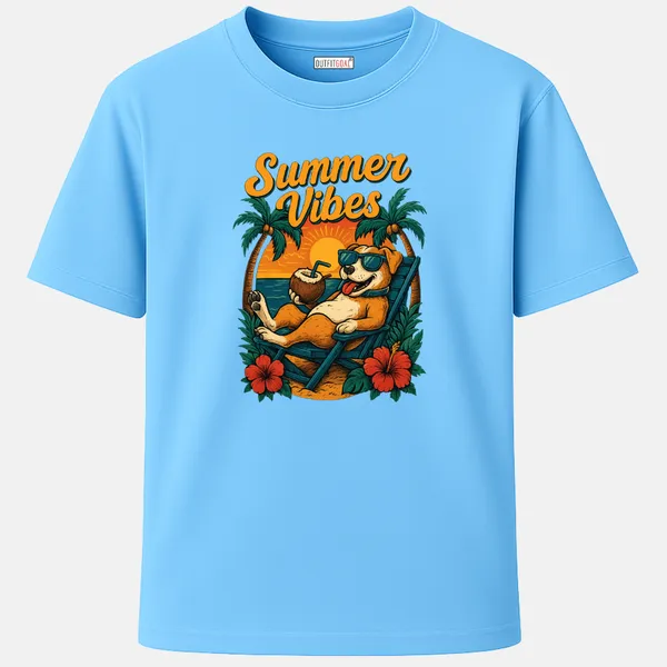 _Regular_Unisex_Sky_Graphics_T-Shirt,_Dog_lounging_on_chair_with_coconut_sunset_palms_hibiscus_flowers_summer_vibes_|_TRAVEL_MODE