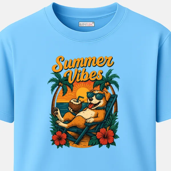 _Regular_Unisex_Sky_Graphics_T-Shirt,_Dog_lounging_on_chair_with_coconut_sunset_palms_hibiscus_flowers_summer_vibes_|_TRAVEL_MODE