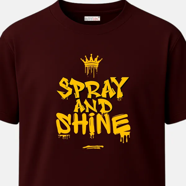 Outfitgoal_Regular_Unisex_Maroon_Graphics_T-Shirt,_Spray_and_Shine_graffiti_text_with_dripping_yellow_letters_and_crown_icon_|_GRAPHICS_MODE