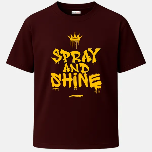 Outfitgoal_Regular_Unisex_Maroon_Graphics_T-Shirt,_Spray_and_Shine_graffiti_text_with_dripping_yellow_letters_and_crown_icon_|_GRAPHICS_MODE