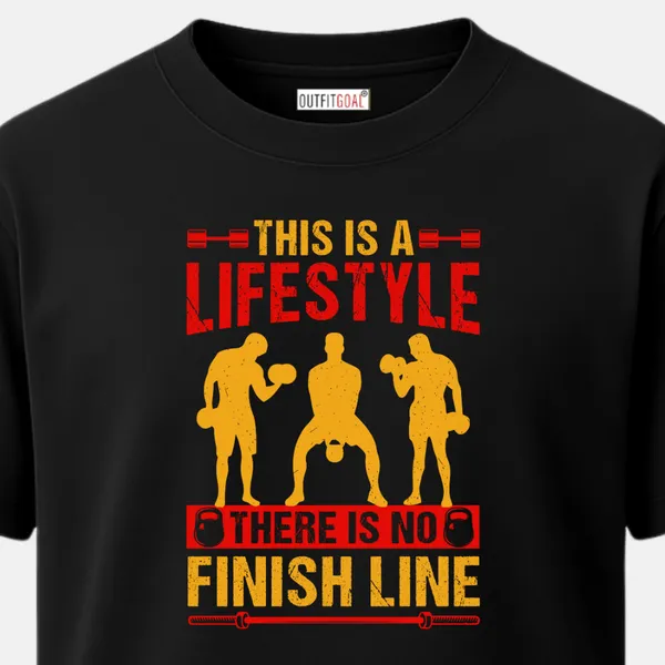 _Regular_Unisex_Black_Graphics_T-Shirt,_Trio_of_athletes_lifting_quote_this_is_a_lifestyle_there_is_no_finish_line_|_SPORTS_MODE