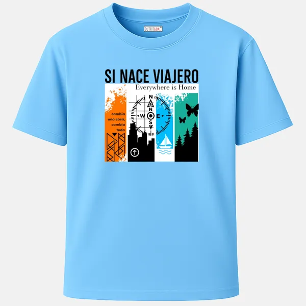 _Regular_Unisex_Sky_Graphics_T-Shirt,_Spanish_text_si_nace_viajero_compass_city_skyline_sailboat_butterflies_|_TRAVEL_MODE