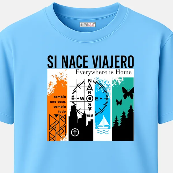 _Regular_Unisex_Sky_Graphics_T-Shirt,_Spanish_text_si_nace_viajero_compass_city_skyline_sailboat_butterflies_|_TRAVEL_MODE
