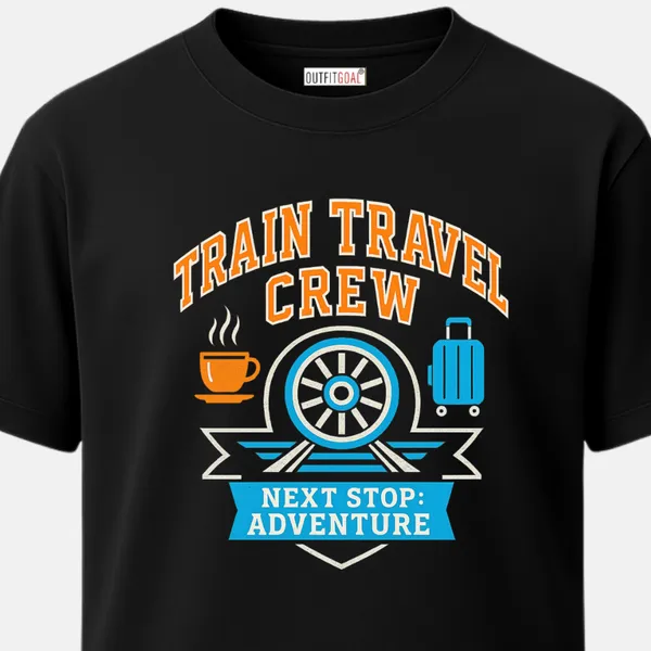 _Regular_Unisex_Black_Graphics_T-Shirt,_Train_wheel_luggage_and_chai_cup_with_bold_text_train_travel_crew_next_stop_adventure_|_TRAVEL_MODE