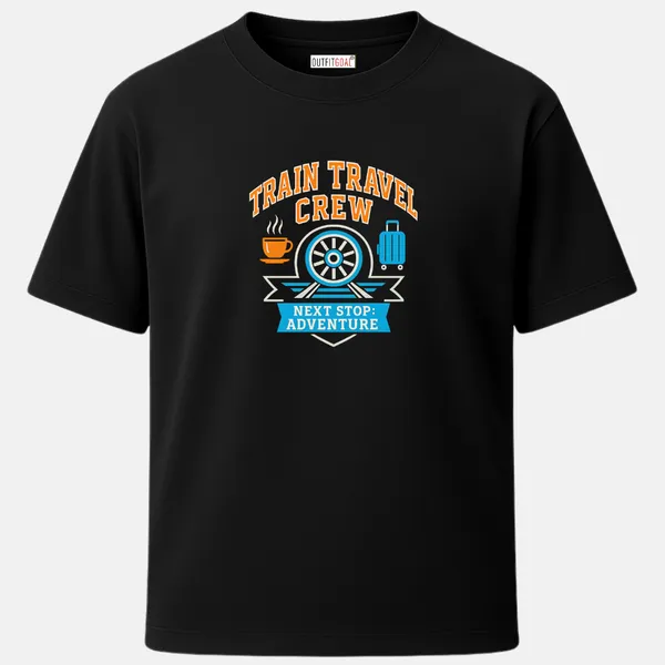 _Regular_Unisex_Black_Graphics_T-Shirt,_Train_wheel_luggage_and_chai_cup_with_bold_text_train_travel_crew_next_stop_adventure_|_TRAVEL_MODE
