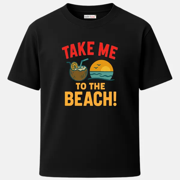 _Regular_Unisex_Black_Graphics_T-Shirt,_Coconut_drink_beach_sunset_icon_text_take_me_to_the_beach_|_TRAVEL_MODE