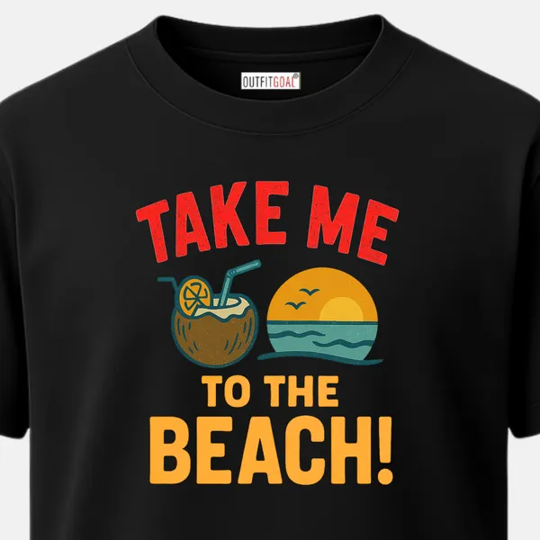 _Regular_Unisex_Black_Graphics_T-Shirt,_Coconut_drink_beach_sunset_icon_text_take_me_to_the_beach_|_TRAVEL_MODE