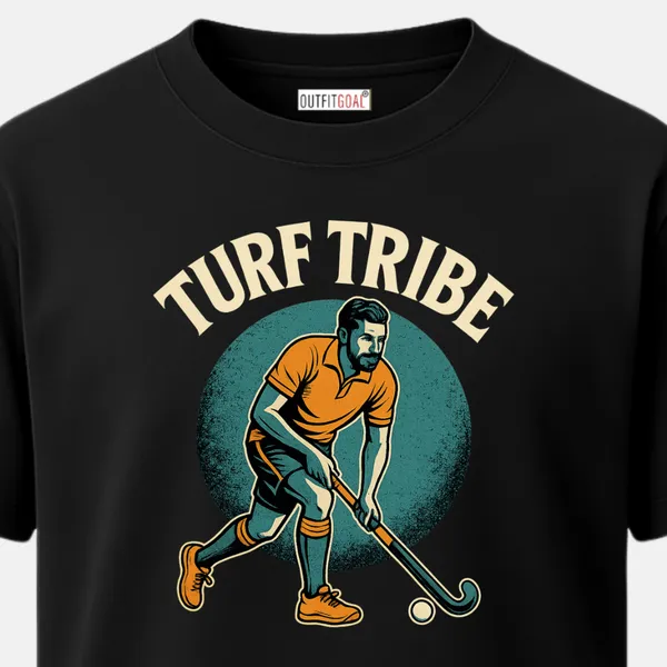 _Regular_Unisex_Black_Graphics_T-Shirt,_Male_player_in_orange_shirt_within_textured_teal_circle_text_turf_tribe_|_SPORTS_MODE