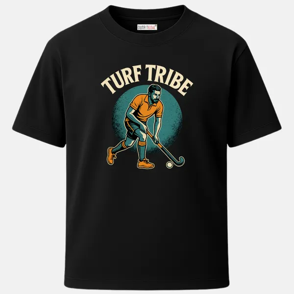 _Regular_Unisex_Black_Graphics_T-Shirt,_Male_player_in_orange_shirt_within_textured_teal_circle_text_turf_tribe_|_SPORTS_MODE
