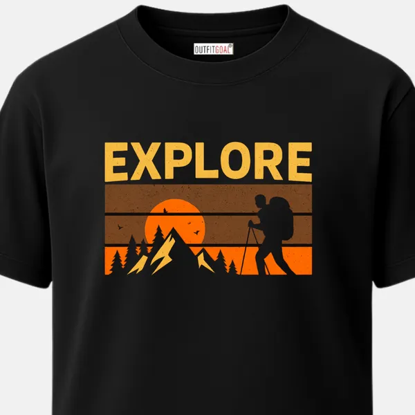 _Regular_Unisex_Black_Graphics_T-Shirt,_Silhouette_hiker_with_backpack_orange_sunset_bold_explore_text_|_TRAVEL_MODE