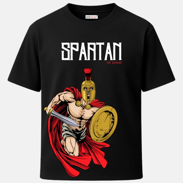 Outfitgoal_Regular_Unisex_Black_Graphics_T-Shirt,_Dynamic_spartan_warrior_charging_forward_with_red_cape_sword_and_shield_|_GRAPHICS_MODE