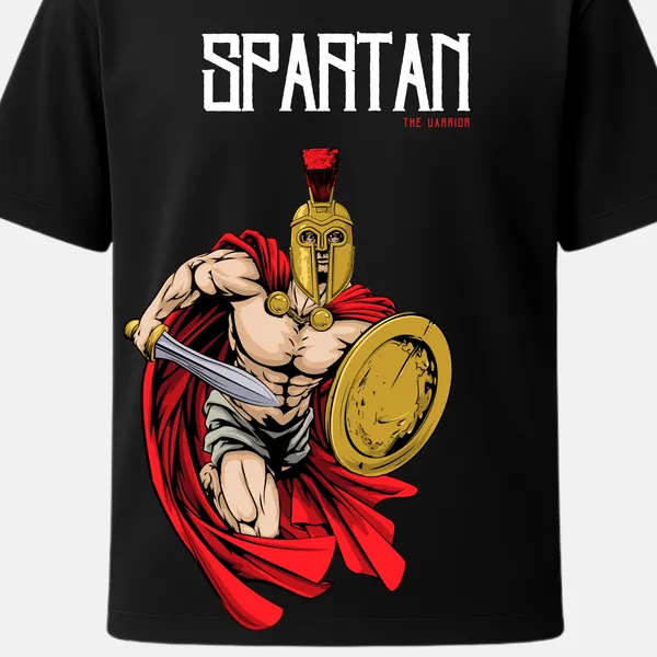 Outfitgoal_Regular_Unisex_Black_Graphics_T-Shirt,_Dynamic_spartan_warrior_charging_forward_with_red_cape_sword_and_shield_|_GRAPHICS_MODE