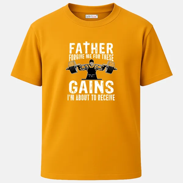 _Regular_Unisex_Yellow_Graphics_T-Shirt,_Bodybuilder_lifting_heavy_barbell_text_father_forgive_me_for_these_gains_i_m_about_to_receive_|_SPORTS_MODE