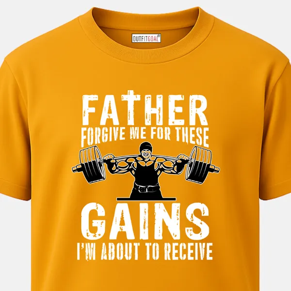 _Regular_Unisex_Yellow_Graphics_T-Shirt,_Bodybuilder_lifting_heavy_barbell_text_father_forgive_me_for_these_gains_i_m_about_to_receive_|_SPORTS_MODE