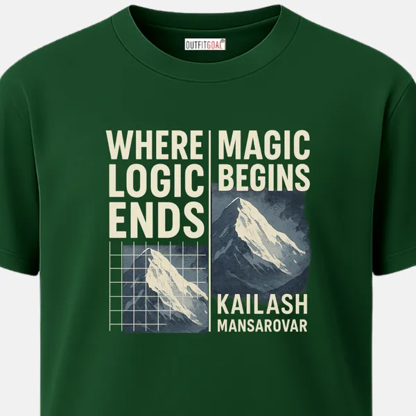 _Regular_Unisex_Bottle_Green_Graphics_T-Shirt,_Text_where_logic_ends_magic_begins_kailash_mansarovar_with_mountain_grid_art_|_TRAVEL_MODE