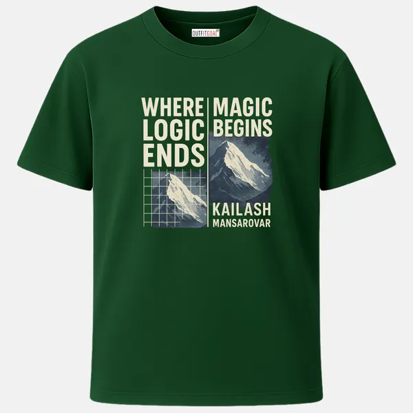 _Regular_Unisex_Bottle_Green_Graphics_T-Shirt,_Text_where_logic_ends_magic_begins_kailash_mansarovar_with_mountain_grid_art_|_TRAVEL_MODE