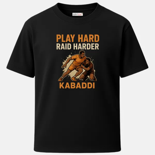 _Regular_Unisex_Black_Graphics_T-Shirt,_Bold_design_with_two_players_mid_clash_text_play_hard_raid_harder_kabaddi_|_SPORTS_MODE