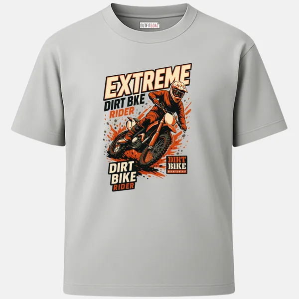 Outfitgoal_Regular_Unisex_Grey_Graphics_T-Shirt,_Dynamic_dirt_bike_racer_mid-jump_with_splattered_background,_text_EXTREME_DIRT_BIKE_RIDER._|_TRAVEL_MODE