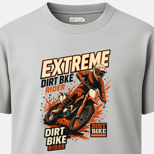 Outfitgoal_Regular_Unisex_Grey_Graphics_T-Shirt,_Dynamic_dirt_bike_racer_mid-jump_with_splattered_background,_text_EXTREME_DIRT_BIKE_RIDER._|_TRAVEL_MODE
