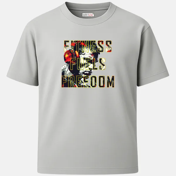_Regular_Unisex_Grey_Graphics_T-Shirt,_Abstract_portrait_with_headphones_text_fitness_fuels_freedom_|_SPORTS_MODE