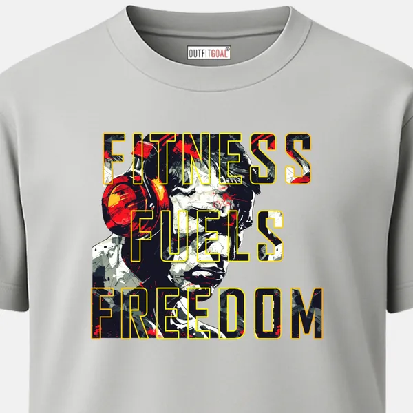 _Regular_Unisex_Grey_Graphics_T-Shirt,_Abstract_portrait_with_headphones_text_fitness_fuels_freedom_|_SPORTS_MODE