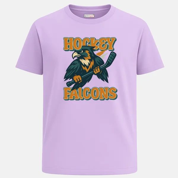 _Regular_Unisex_Lavender_Graphics_T-Shirt,_Fierce_falcon_gripping_a_hockey_stick_with_bold_text_hockey_falcons_in_orange_and_teal_tones_|_SPORTS_MODE