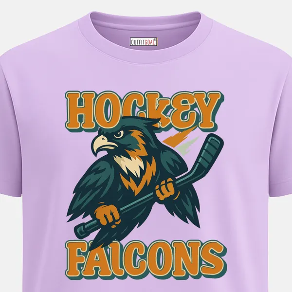 _Regular_Unisex_Lavender_Graphics_T-Shirt,_Fierce_falcon_gripping_a_hockey_stick_with_bold_text_hockey_falcons_in_orange_and_teal_tones_|_SPORTS_MODE