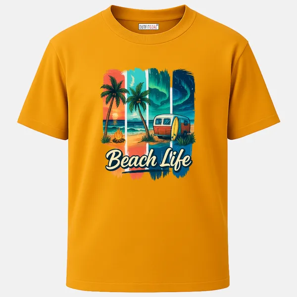 _Regular_Unisex_Yellow_Graphics_T-Shirt,_Camper_van_surfboard_palm_trees_fire_aurora_skies_beach_life_text_|_TRAVEL_MODE