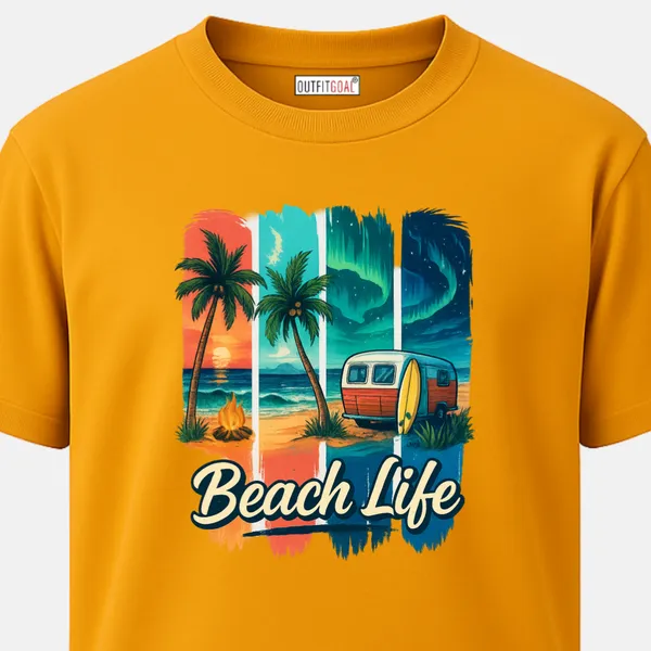 _Regular_Unisex_Yellow_Graphics_T-Shirt,_Camper_van_surfboard_palm_trees_fire_aurora_skies_beach_life_text_|_TRAVEL_MODE