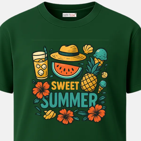 _Regular_Unisex_Bottle_Green_Graphics_T-Shirt,_Tropical_icons_watermelon_pineapple_ice_cream_hat_hibiscus_flowers_with_sweet_summer_text_|_TRAVEL_MODE
