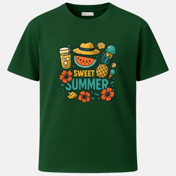 _Regular_Unisex_Bottle_Green_Graphics_T-Shirt,_Tropical_icons_watermelon_pineapple_ice_cream_hat_hibiscus_flowers_with_sweet_summer_text_|_TRAVEL_MODE