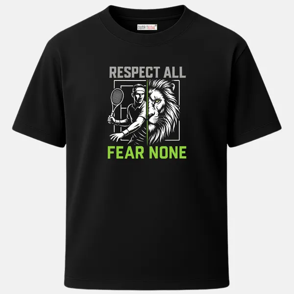 _Regular_Unisex_Black_Graphics_T-Shirt,_Tennis_player_and_lion_face_split_design_with_bold_text_respect_all_fear_none_high_contrast_athletic_style_|_SPORTS_MODE