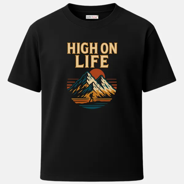 _Regular_Unisex_Black_Graphics_T-Shirt,_Hiker_with_trekking_pole_facing_mountain_orange_sun_high_on_life_text_|_TRAVEL_MODE