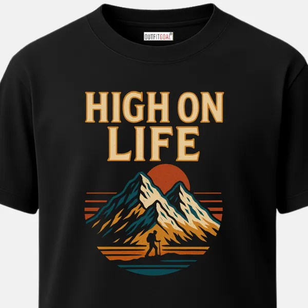 _Regular_Unisex_Black_Graphics_T-Shirt,_Hiker_with_trekking_pole_facing_mountain_orange_sun_high_on_life_text_|_TRAVEL_MODE
