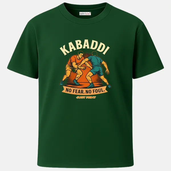 _Regular_Unisex_Bottle_Green_Graphics_T-Shirt,_Two_kabaddi_athletes_in_dynamic_pose_with_curved_banner_text_no_fear_no_foul_|_SPORTS_MODE